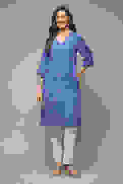 Electric Blue Viscose Straight Printed Kurta image number 1