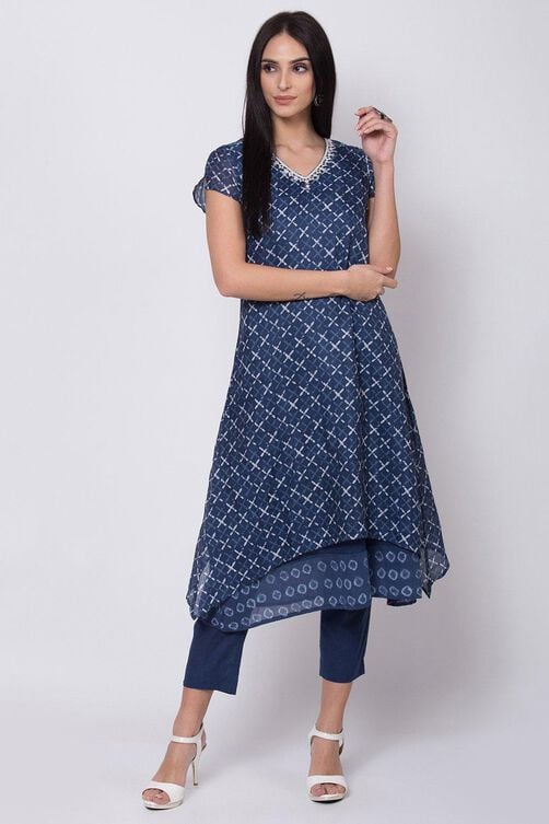 Blue Straight Kurta Slim Pant Suit Set image number 2