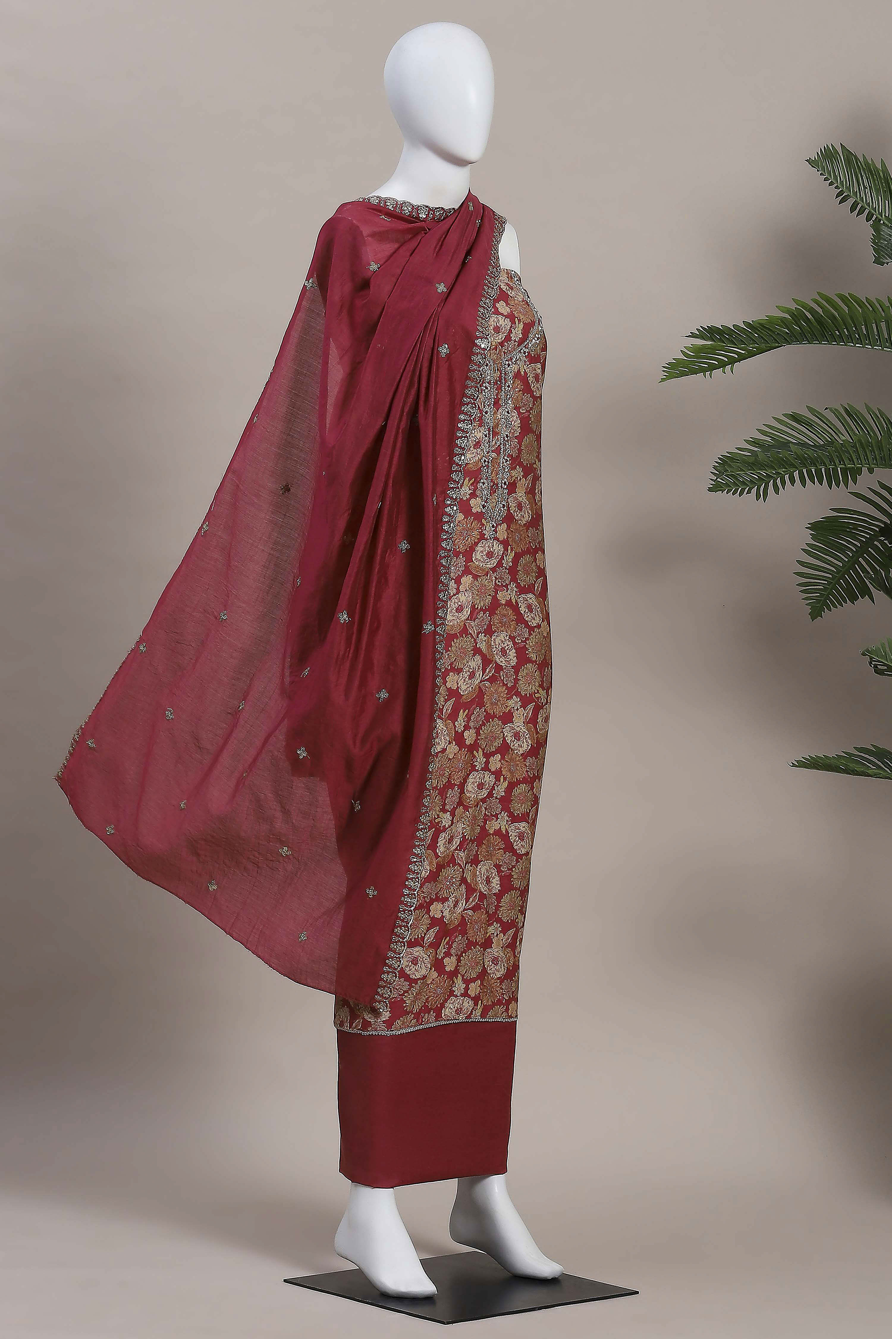 Old Rose-Toned Modal Rajasthani Print Unstitched Suit Set image number 4