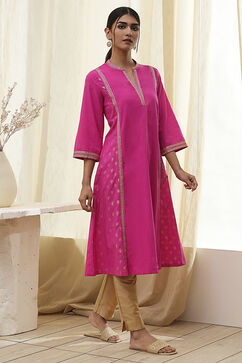 Fuchsia Cotton Printed A-Line Kurta image number 4