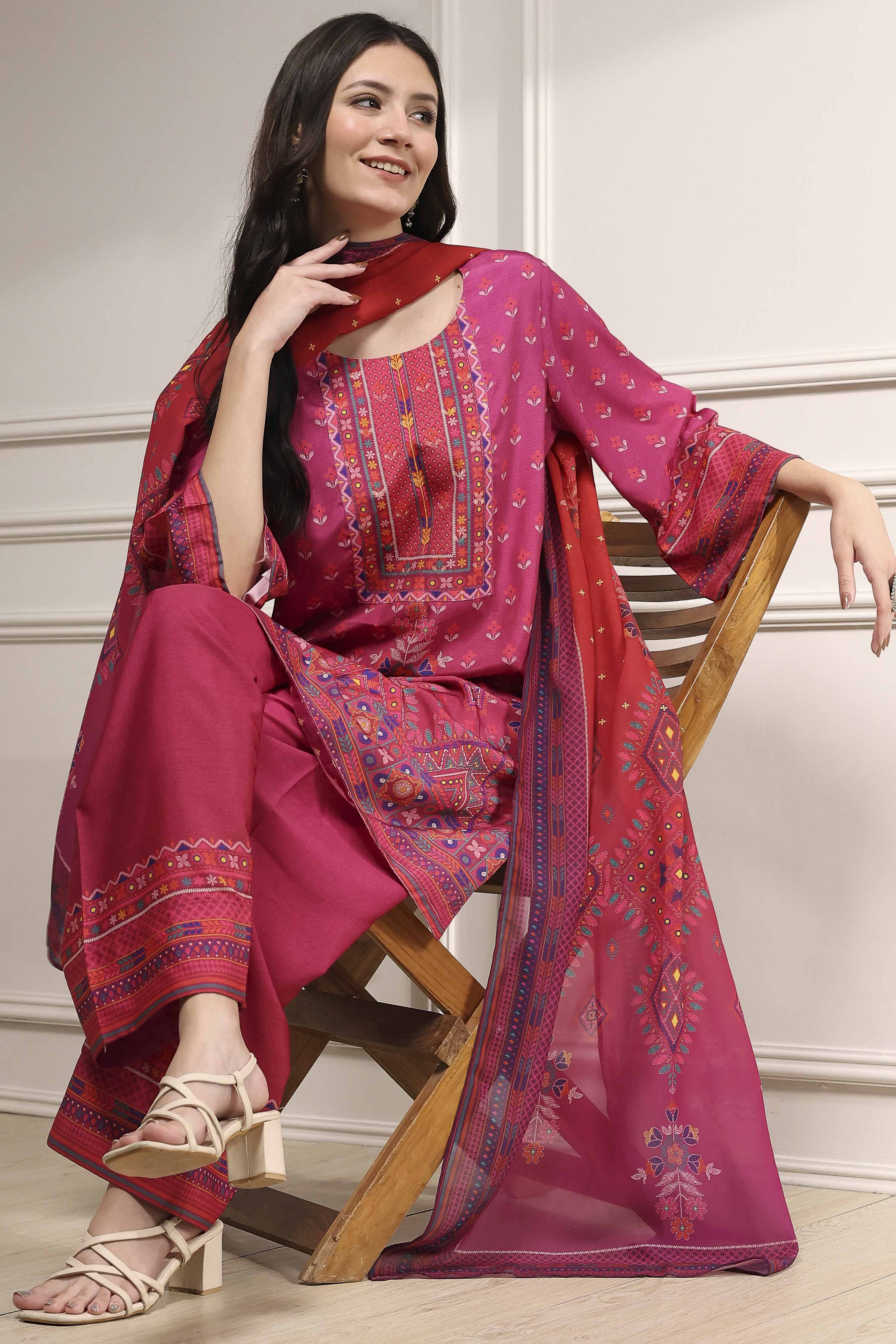 Pink Printed Straight Suit Set image number 0