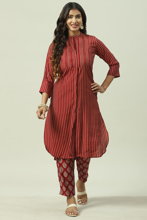 Red Poly Viscose Printed Kurta Set image number 0