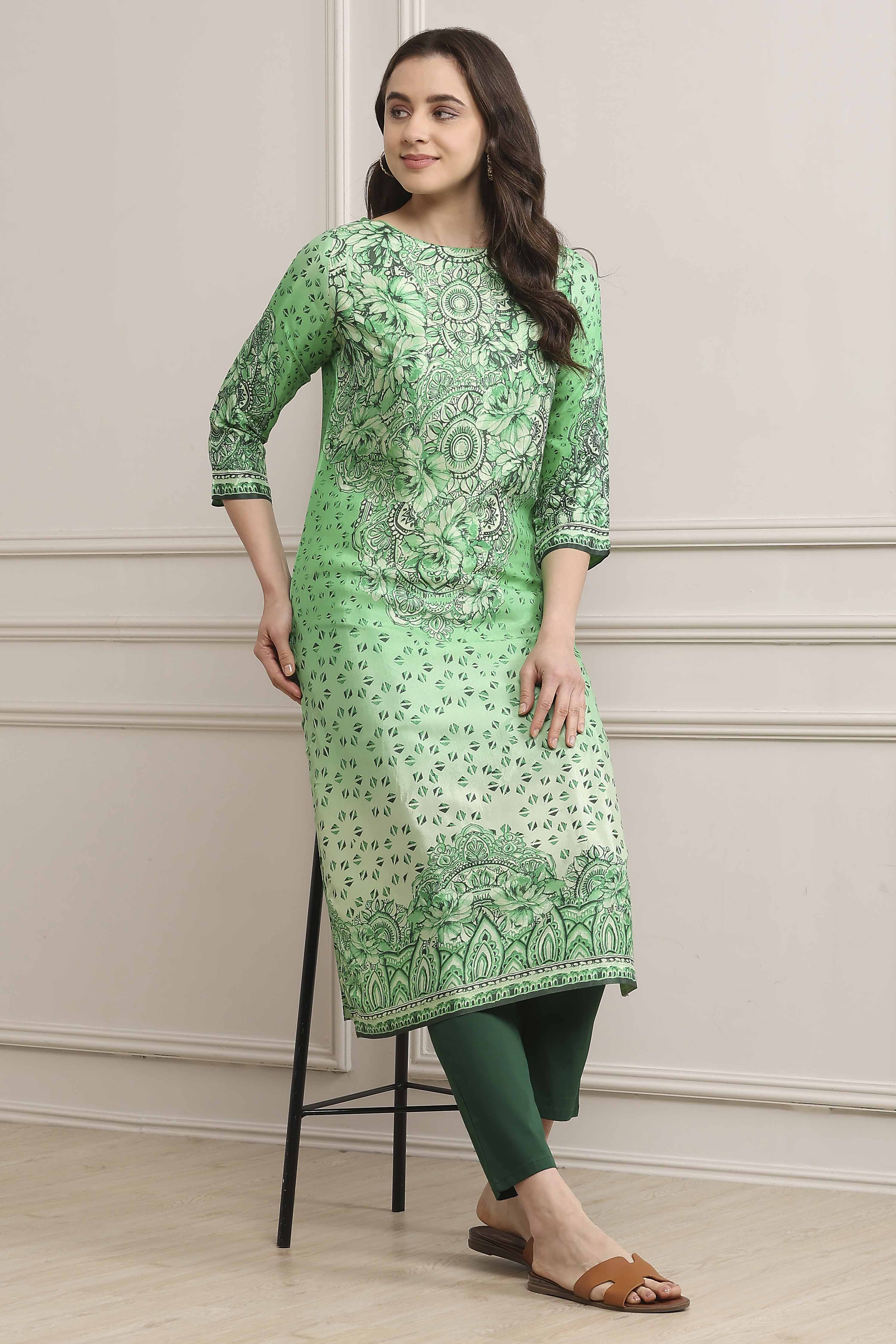 Green LIVA Straight Printed Kurta image number 0