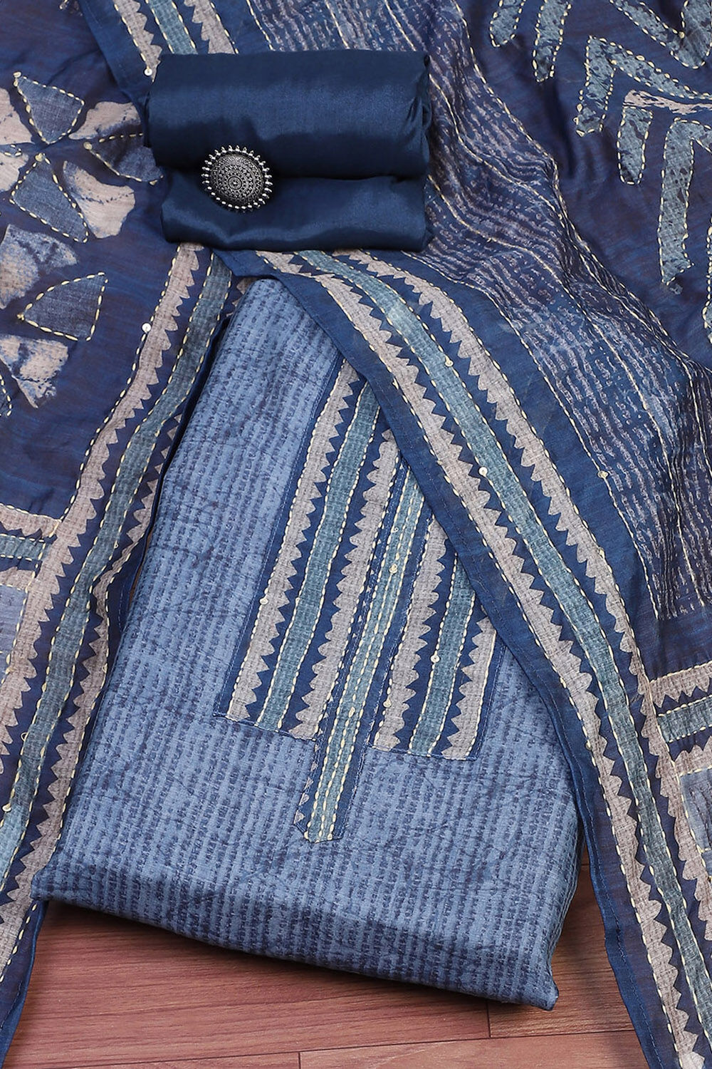 Grey Chanderi Blend Printed Unstitched Suit Set image number 0