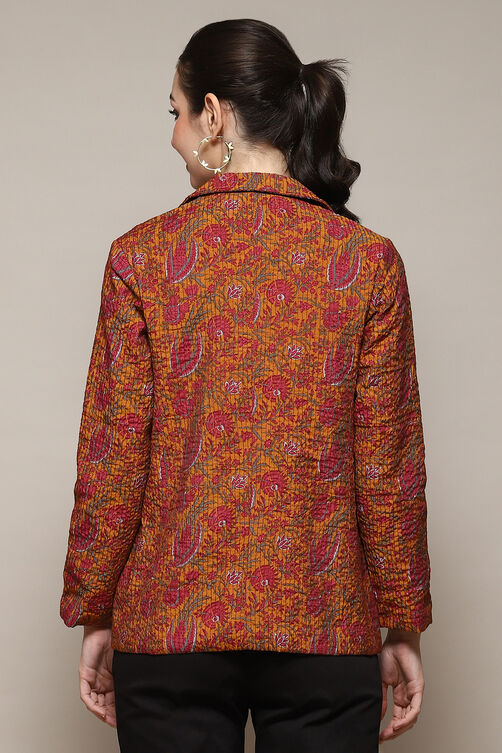 Mustard Polyester Straight Printed Jacket image number 4