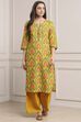 Yellow Cotton Printed Straight Kurta