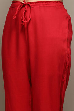 Coral Red LIVA Gathered Kurta Parallel Pants Suit Set image number 2