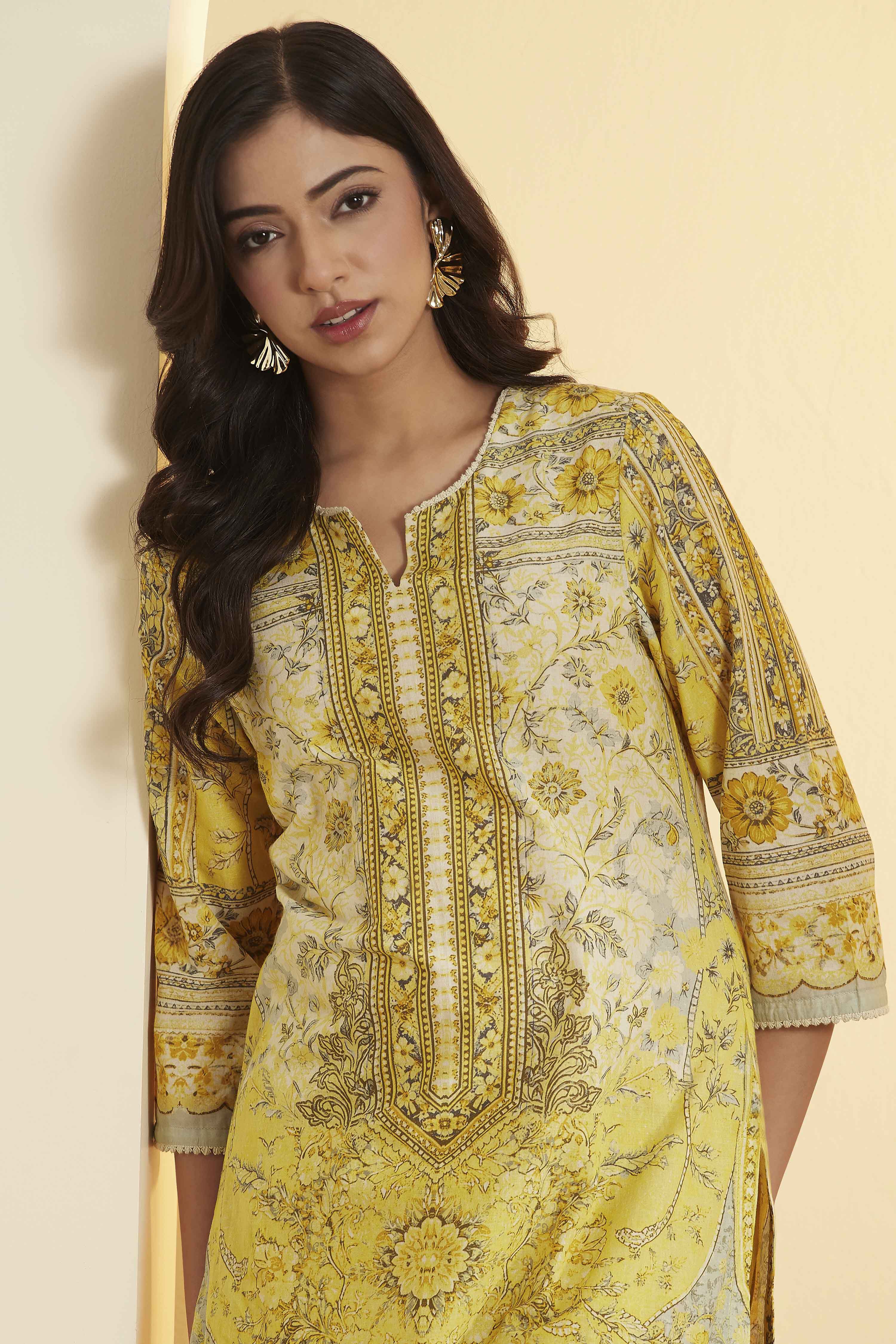 Lime Cotton Straight Kurta image number 1