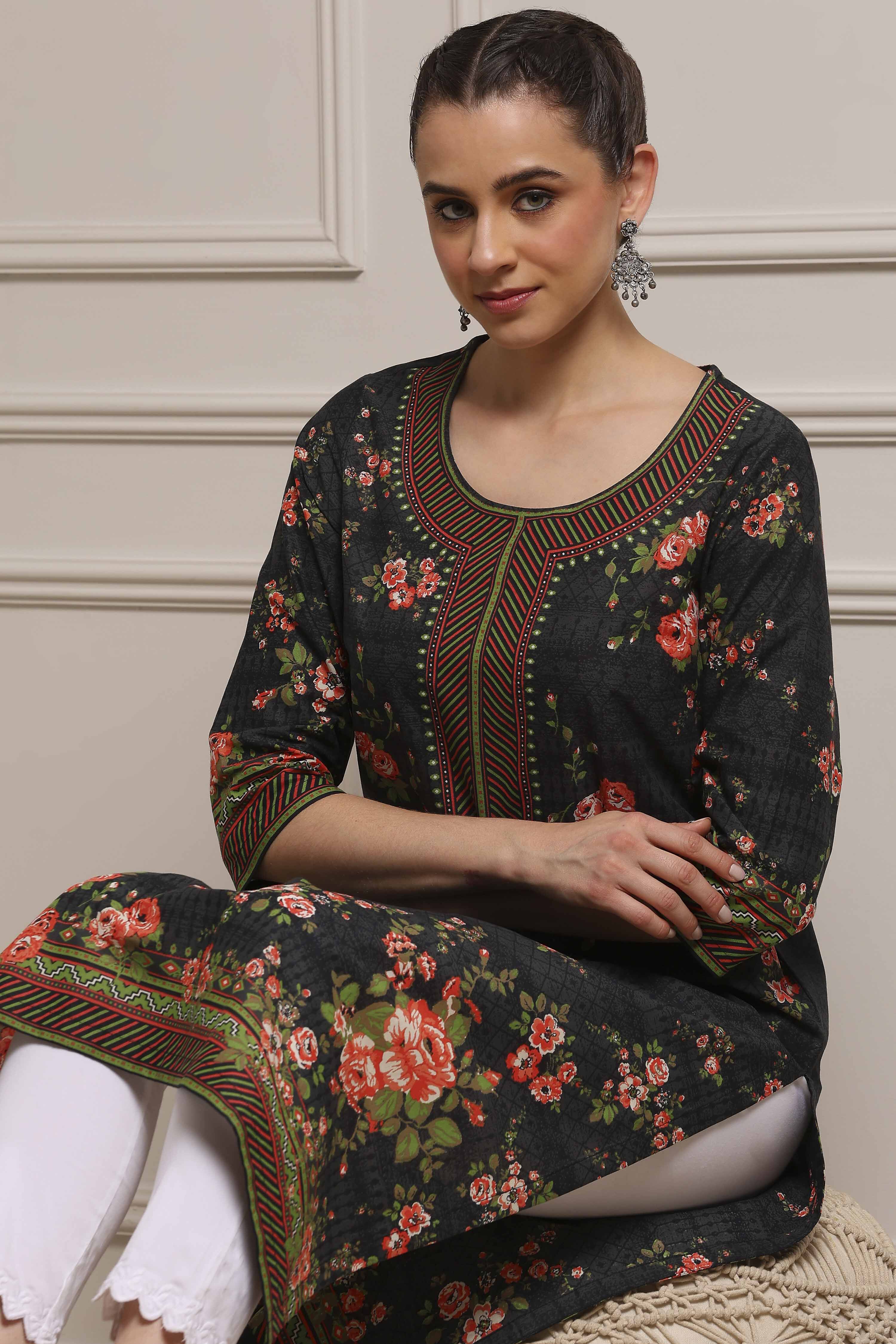 Black Cotton Floral Printed Straight Kurta image number 5
