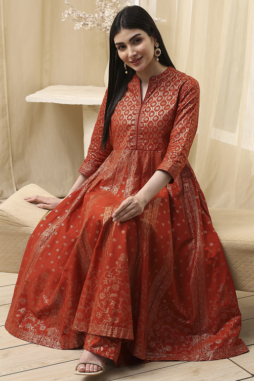 Buy Terracotta Cotton Layered Anarkali Dress Online at Biba Global