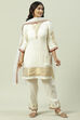 Off White Cotton Viscose Straight Kurta Narrow Palazzo Suit Set image number 6