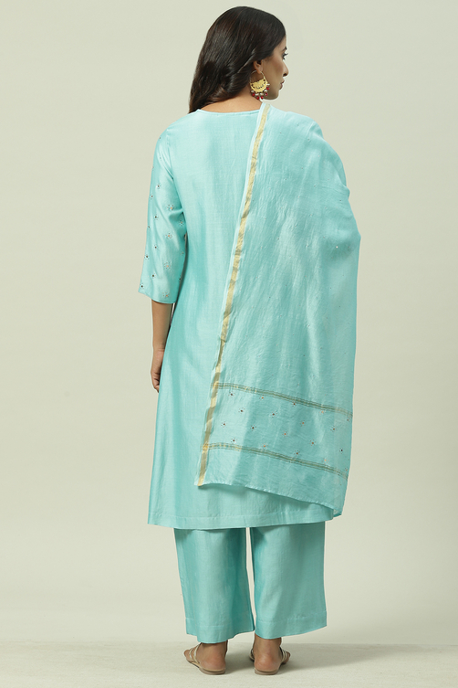Turquoise Straight Kurta Palazzo Suit Set image number 4