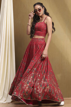 Red Satin Printed Lightweight Lehenga Set image number 6