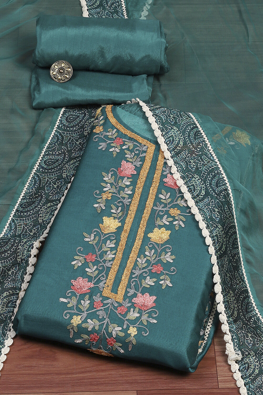 Teal Chanderi Unstitched Suit Set image number 0