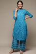 Teal Cotton Straight Kurta Palazzo Suit Set image number 6