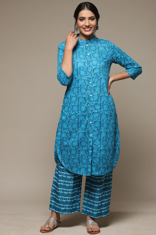 Teal Cotton Straight Kurta Palazzo Suit Set image number 6