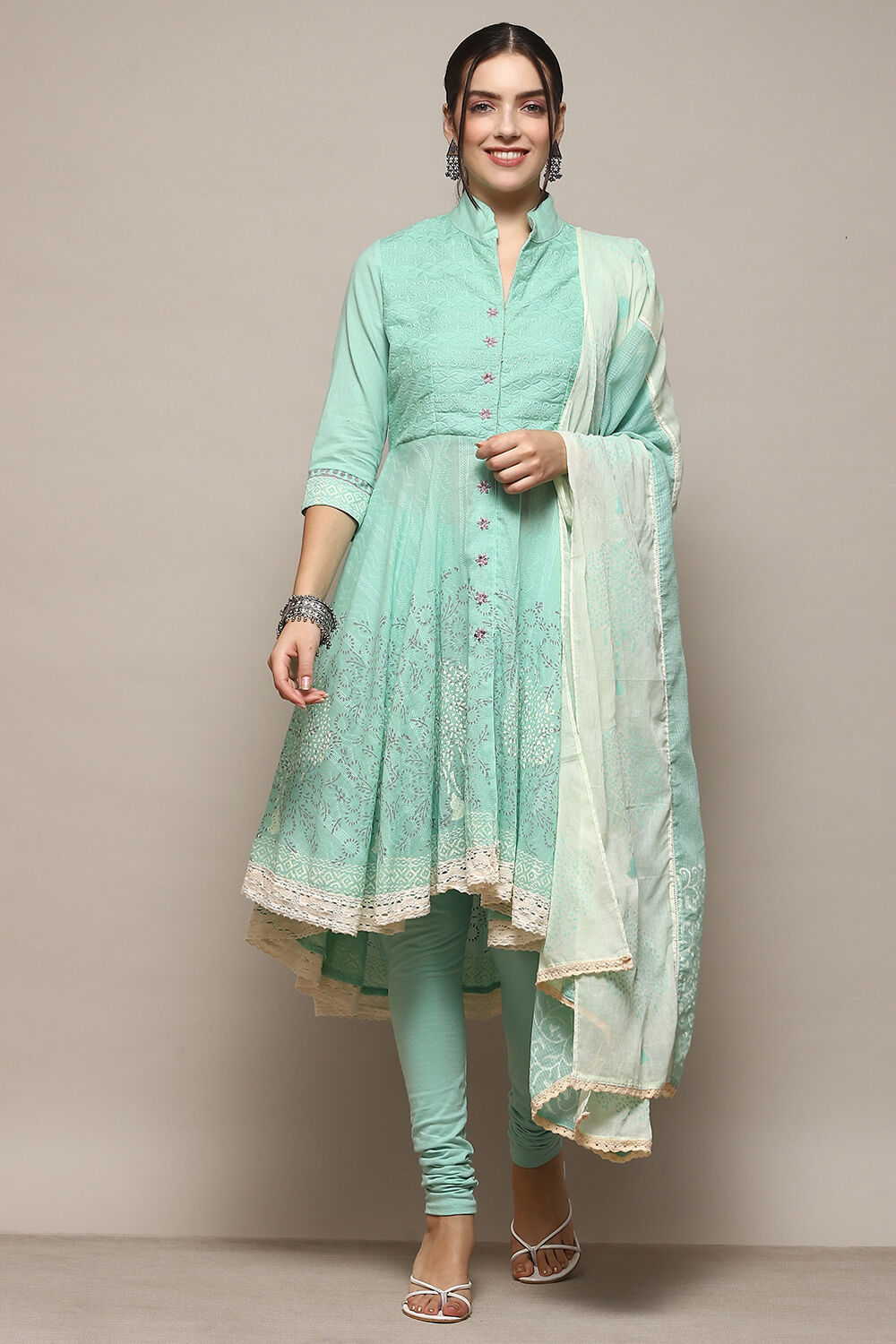 Turquoise Cotton Anarkali Solid Kurta Churidar Suit Set image number 7