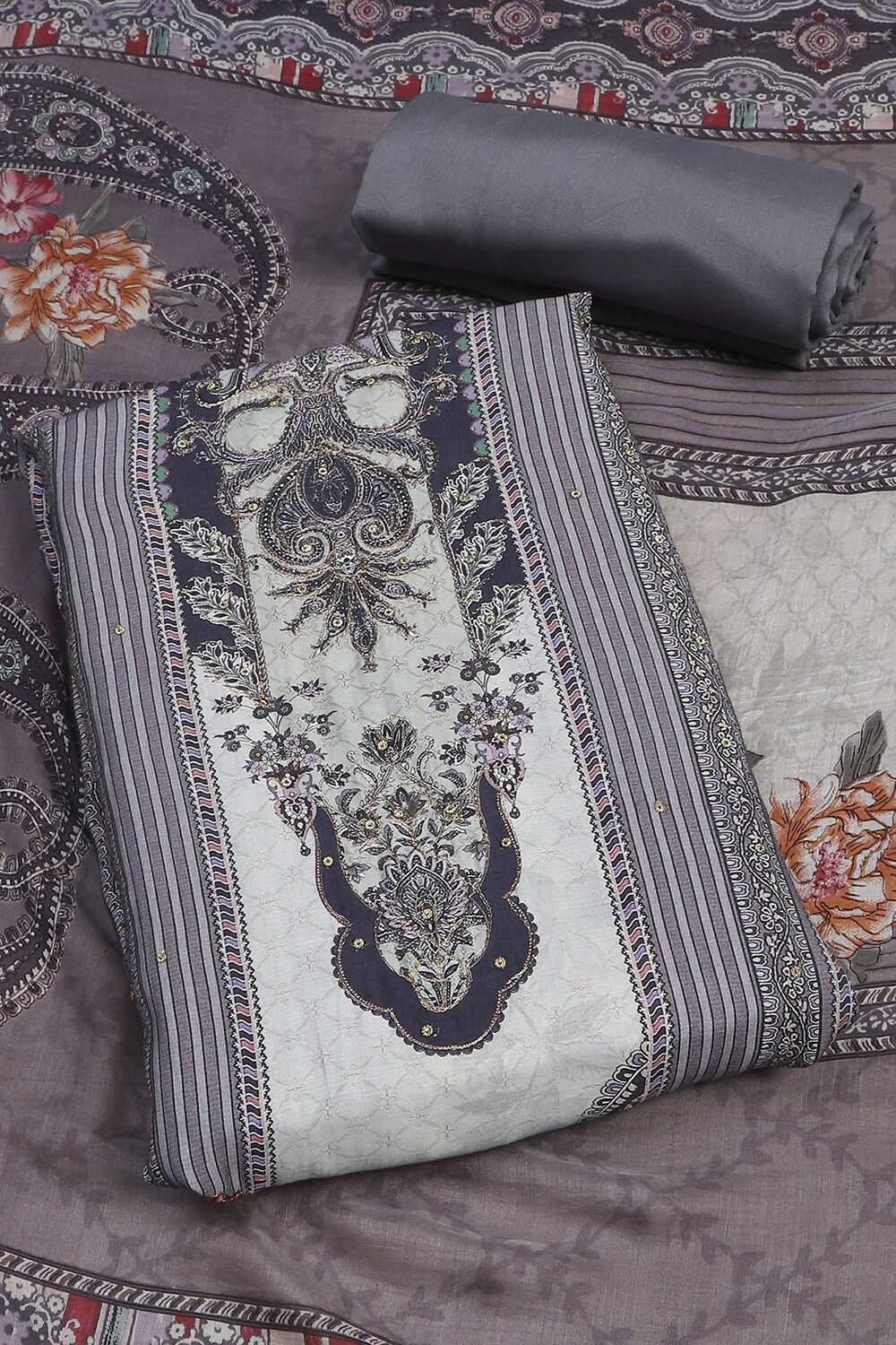 Grey Muslin Unstitched Suit Set image number 1