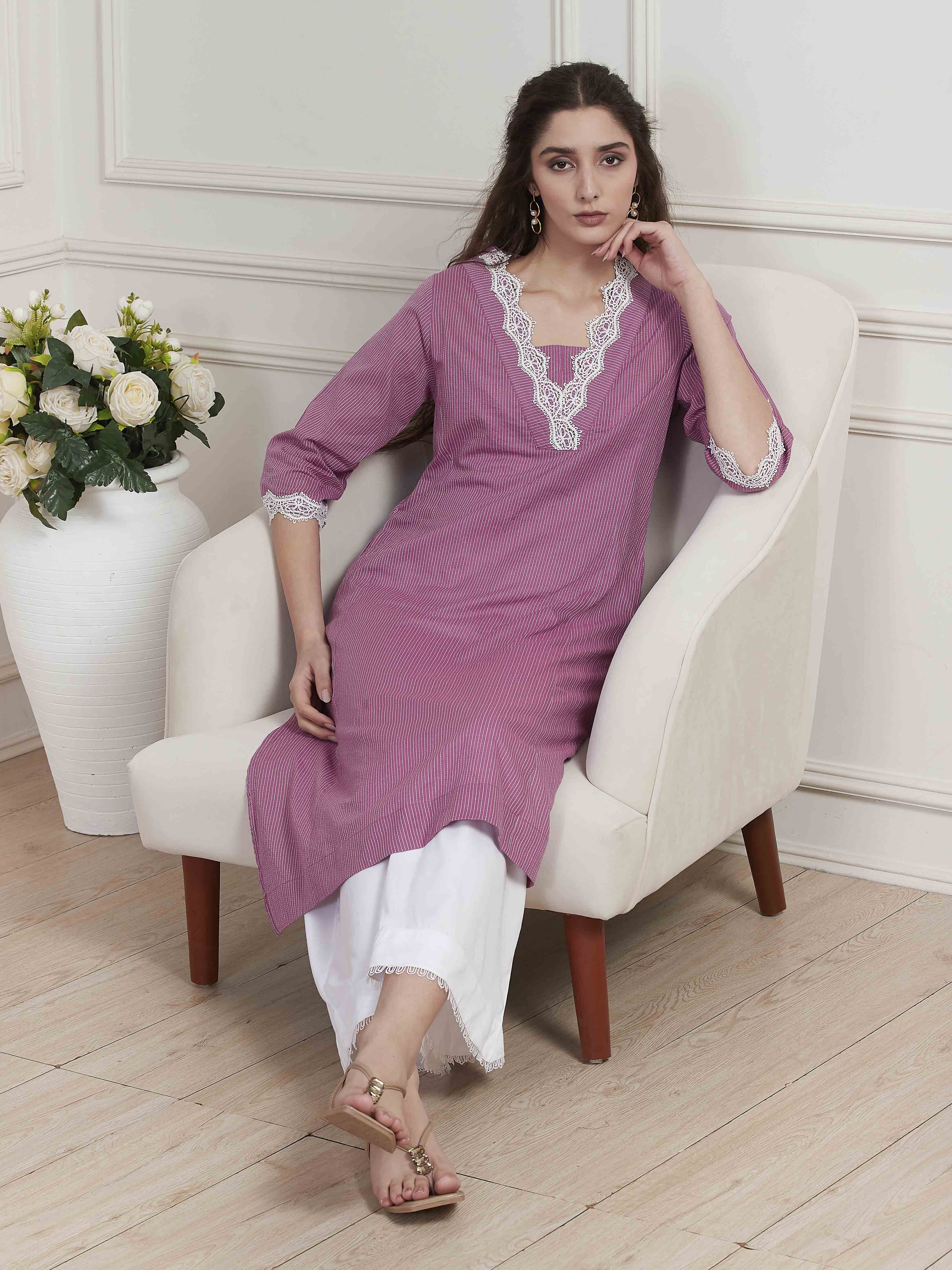 Blue Cotton Lace Trim Straight Kurta image number 0