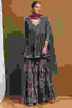 Navy Blue Viscose Floral Peplum Suit Set image number 7