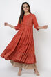 Rust Cotton Flared Printed Kurta image number 2