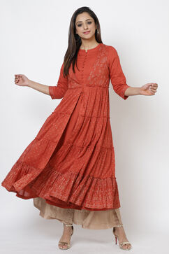 Rust Cotton Flared Printed Kurta image number 2
