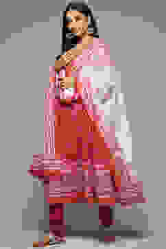 Red Cotton Anarkali Kurta Churidar Suit Set image number 6