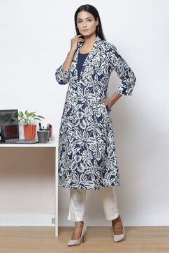 Indigo LIVA Flax Straight Printed Kurta with Jacket image number 4