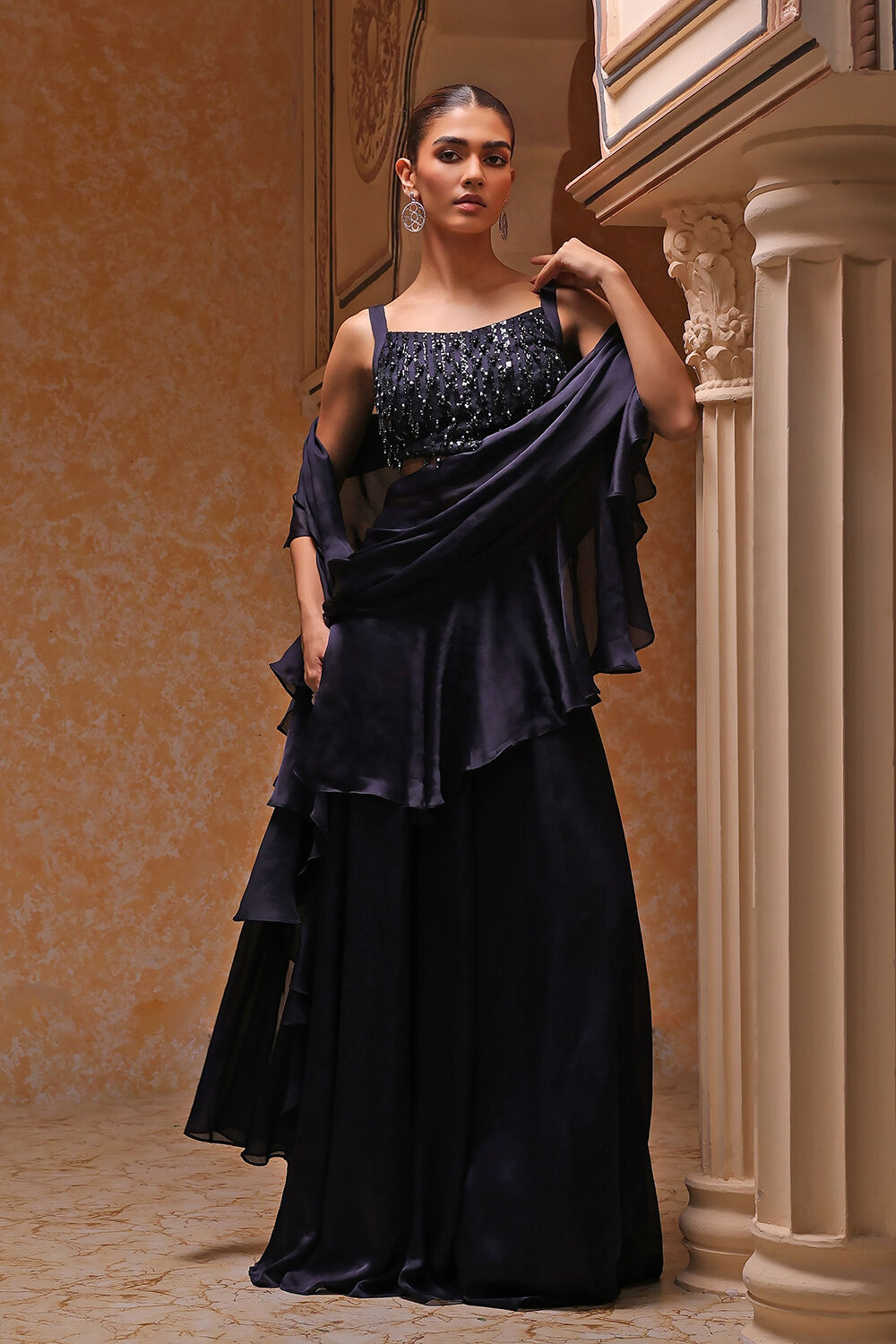 Navy Blue Poly Satin Embroidered Pre-Draped Saree image number 0