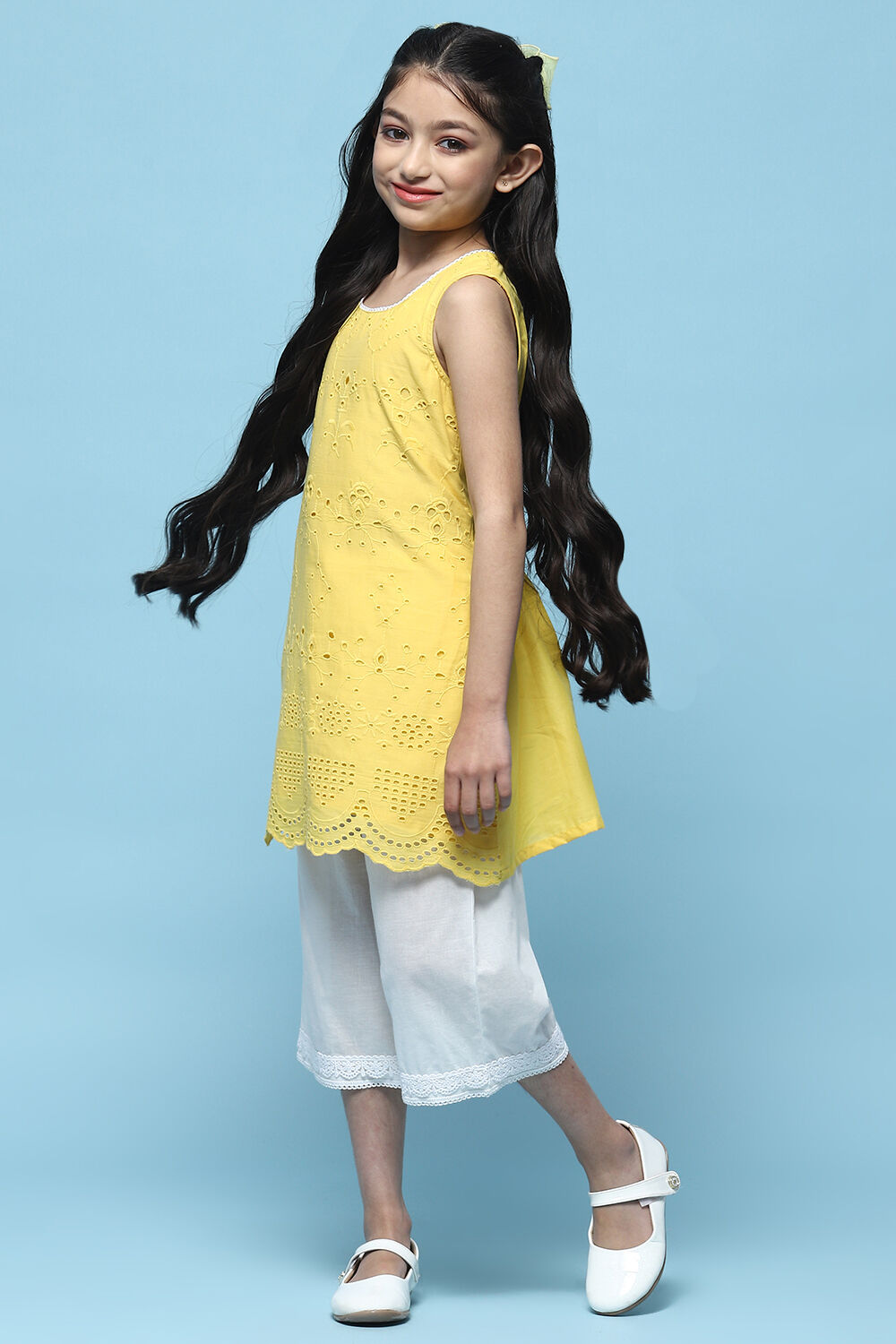 Yellow Schiffli Cotton Kurta & Cropped Palazzo image number 0