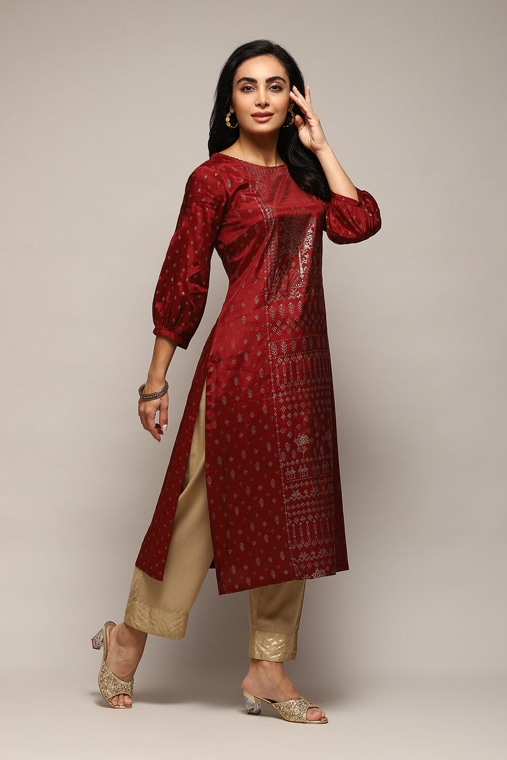 Green & Maroon Cotton Straight Printed Kurta image number 3