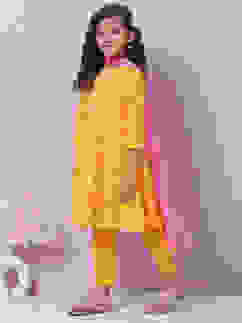 Yellow Cotton Anarkali Kurta Narrow Pants Suit Set image number 5