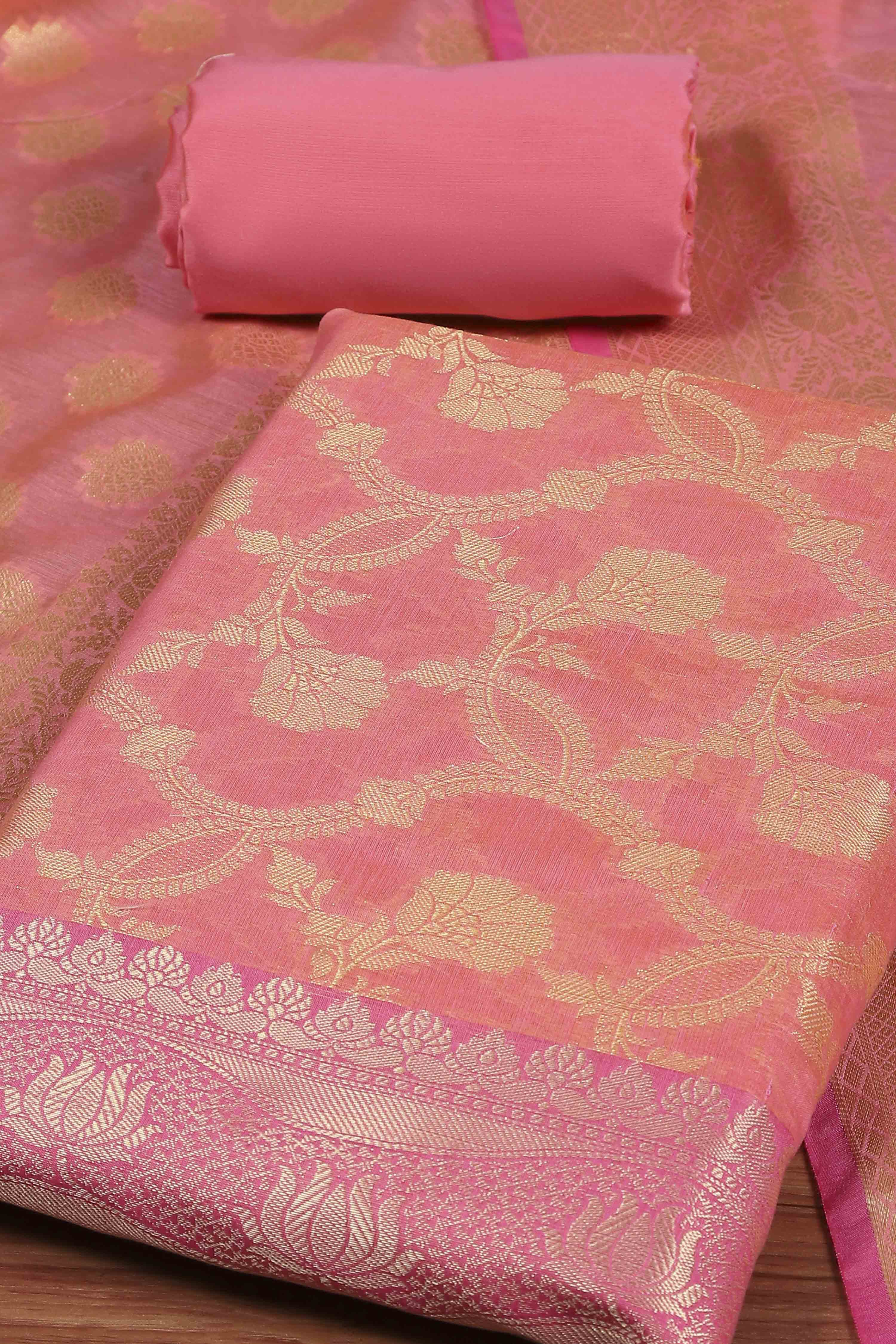 Pink Cotton Printed Embroidered Unstitched Suit Set image number 1