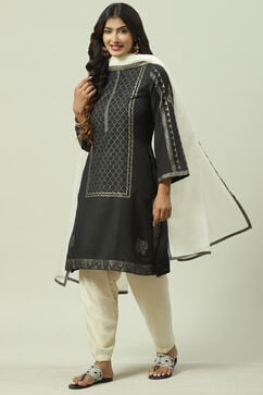 Beige & Black Printed Straight Kurta Salwar Suit Set image number 5