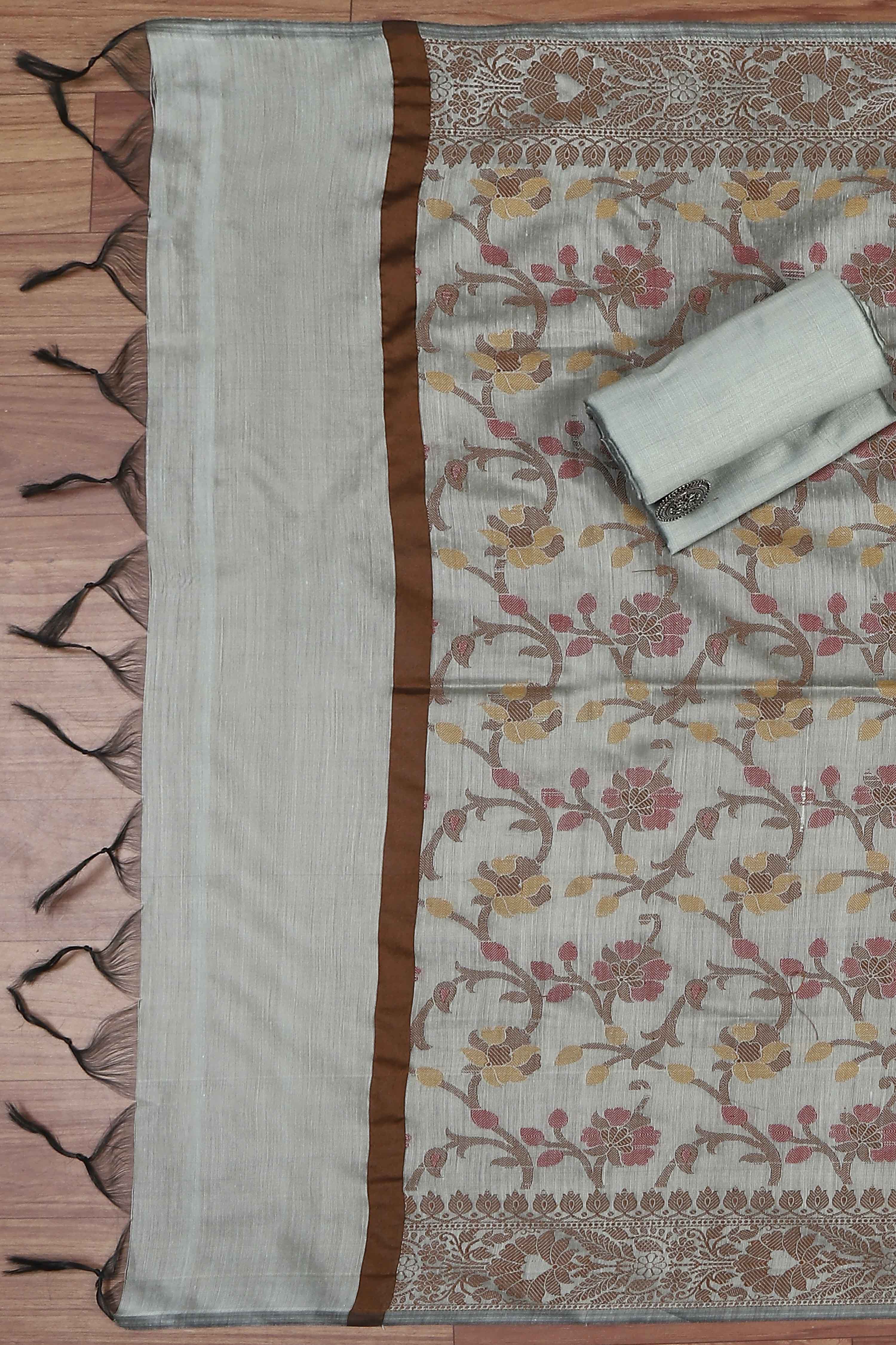Grey Cotton Printed Embroidered Unstitched Suit Set image number 3