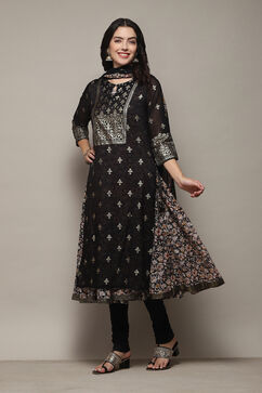 Black Poly Modal Layered Printed Kurta Churidar Suit Set image number 4