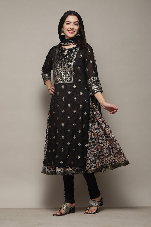 Off White Cotton Layered Printed Kurta Churidar Suit Set image number 4