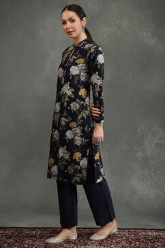 Rohit Bal Indigo Silk Chanderi Floral Printed Straight Kurta Set image number 3