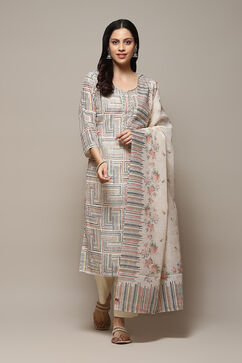 Beige Linen Handloom Unstitched Suit Set image number 8