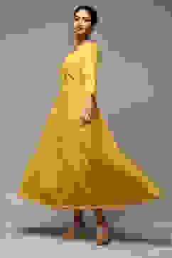 Yellow Cotton Blend Flared Dress image number 0