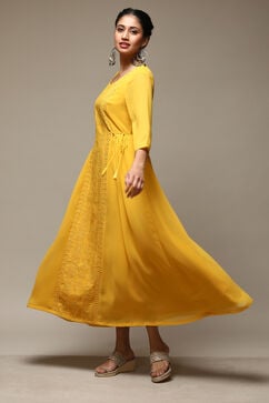Yellow Cotton Blend Flared Dress image number 0
