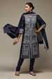 Navy Blue Cotton Blend Straight Kurta Churidar Suit Set image number 0