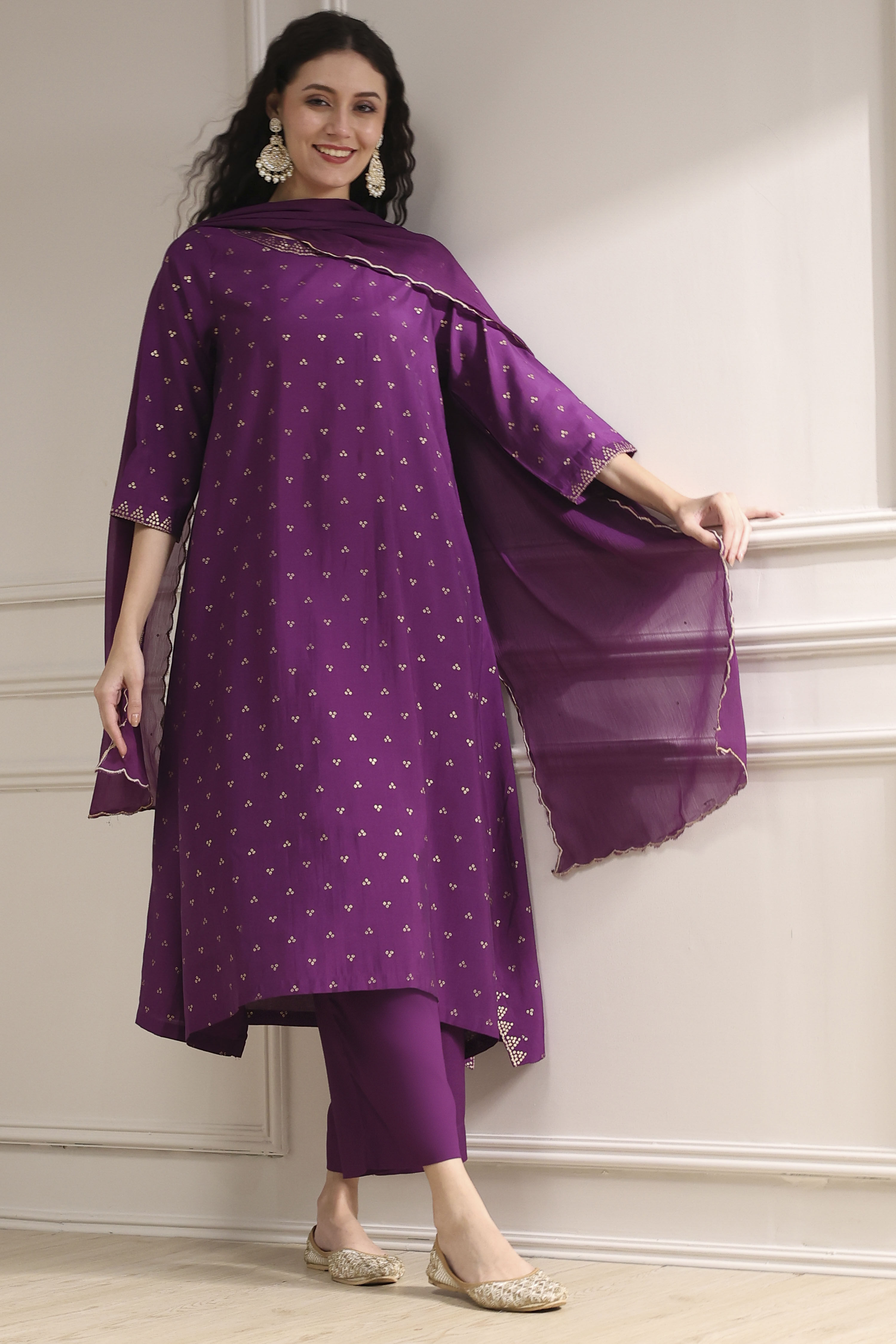 Purple Polyseter Blend Straight Printed Fusion Set image number 0