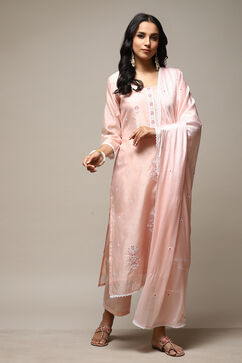 Peach Modal Machine Embroidered Unstitched Suit Set image number 8