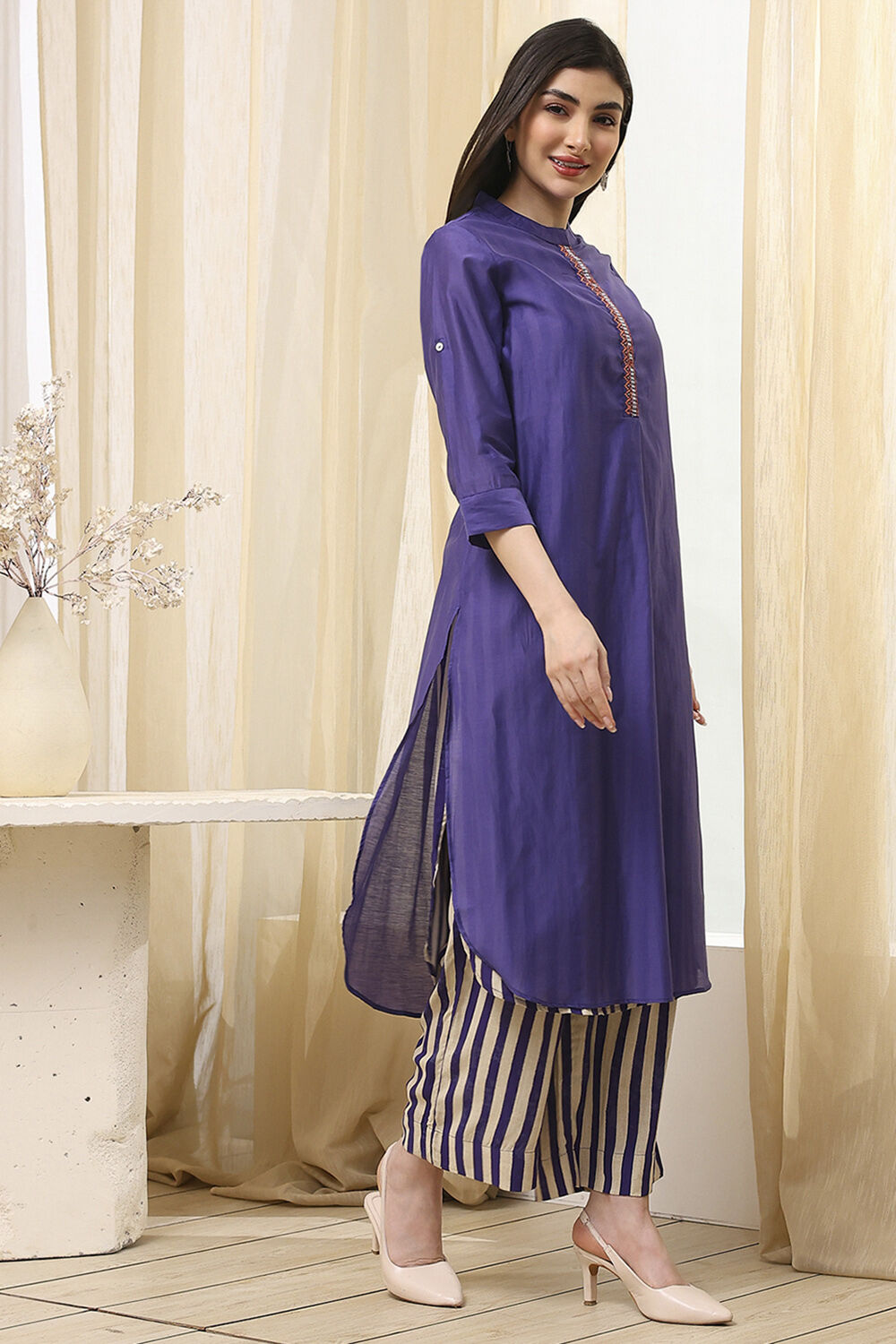 Blue Striped Layered Kurta Set image number 4