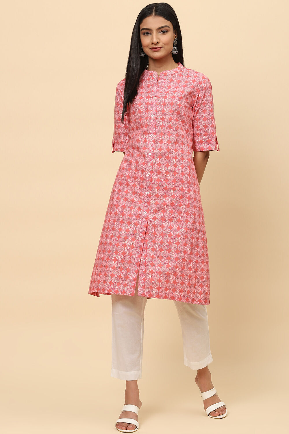 Dusty Pink Cotton Printed Short Kurti image number 0