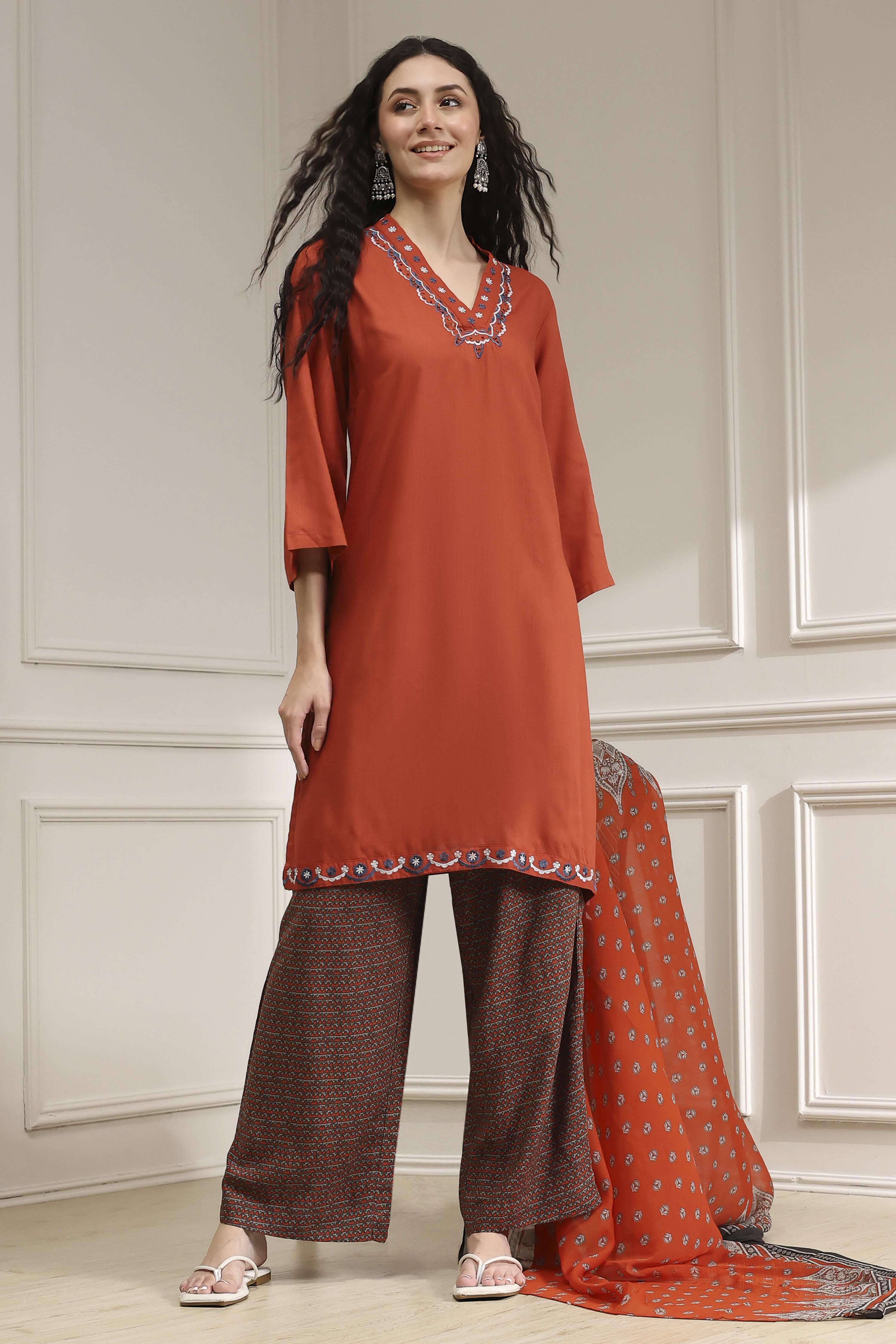 Orange Solid Straight Suit Set image number 0