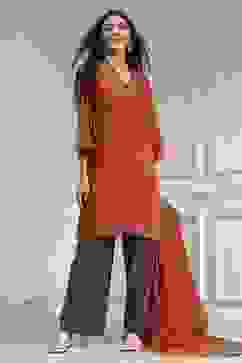 Orange Solid Straight Suit Set image number 0