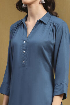 Blue Solid Shirt Collar Straight Short Kurti image number 1