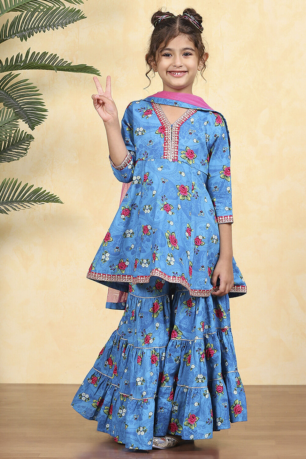 Blue Cotton Printed Flared Sharara Suit Set image number 6